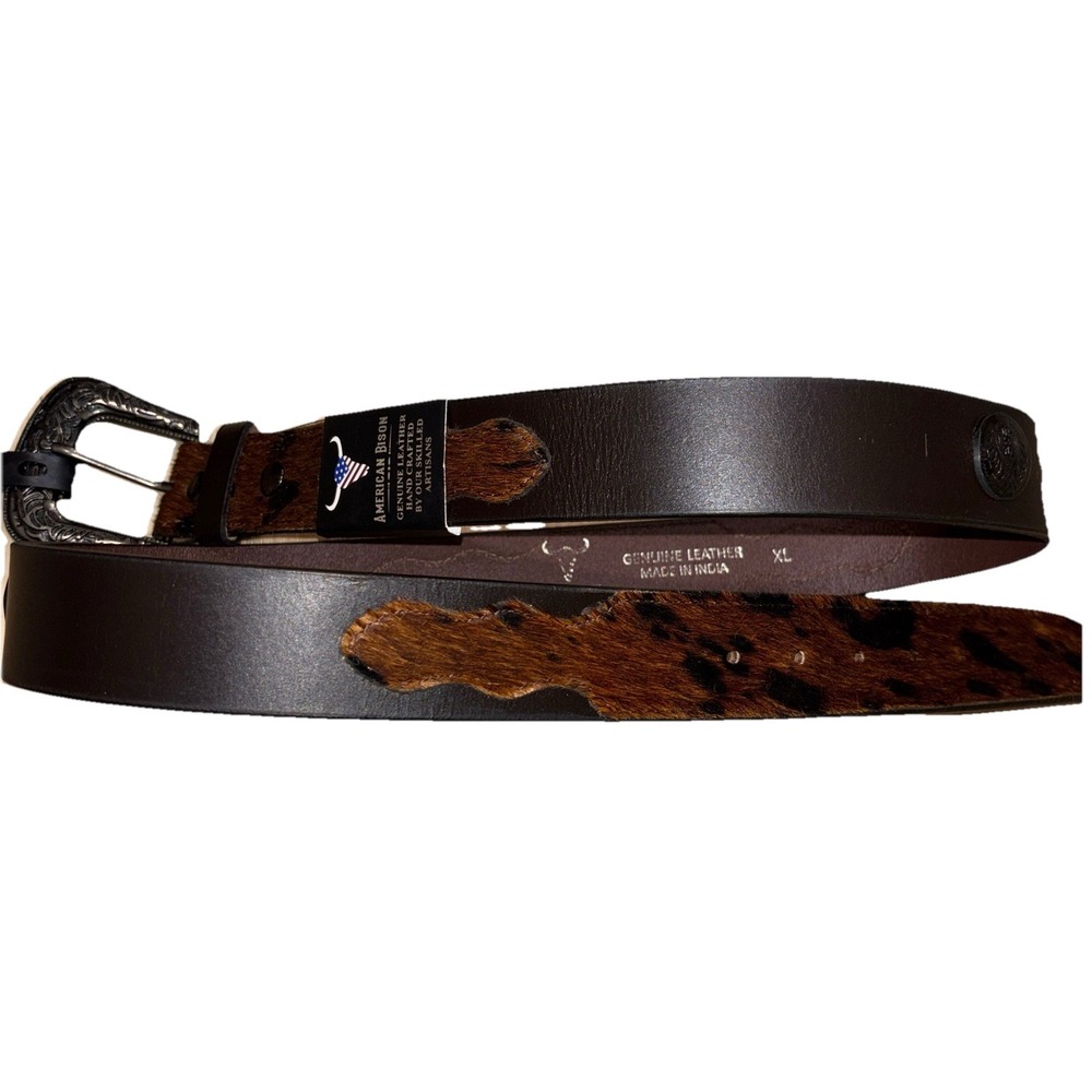 American Bison Mens L 38" Western Belt Genuine Leather‎ Cowhide Hair Handcrafted